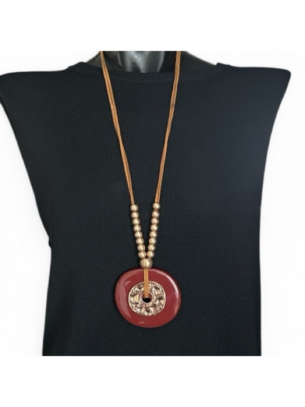 Mya Long Statement Necklace with Suede Cord and Acrylic Pendant Gold Accent